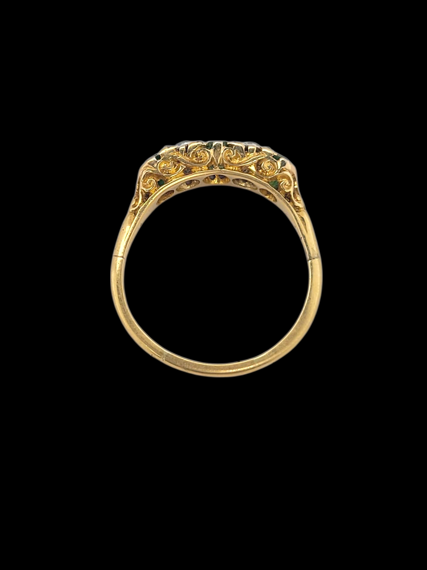 Antique emerald and diamond carved half hoop ring
SKU: 8358