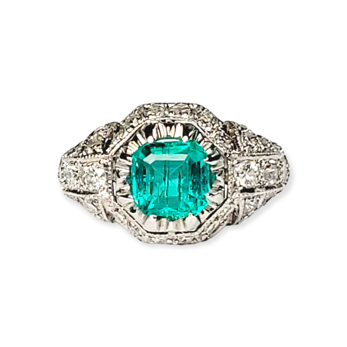 Art deco Colombian emerald and diamond ring sku 5725