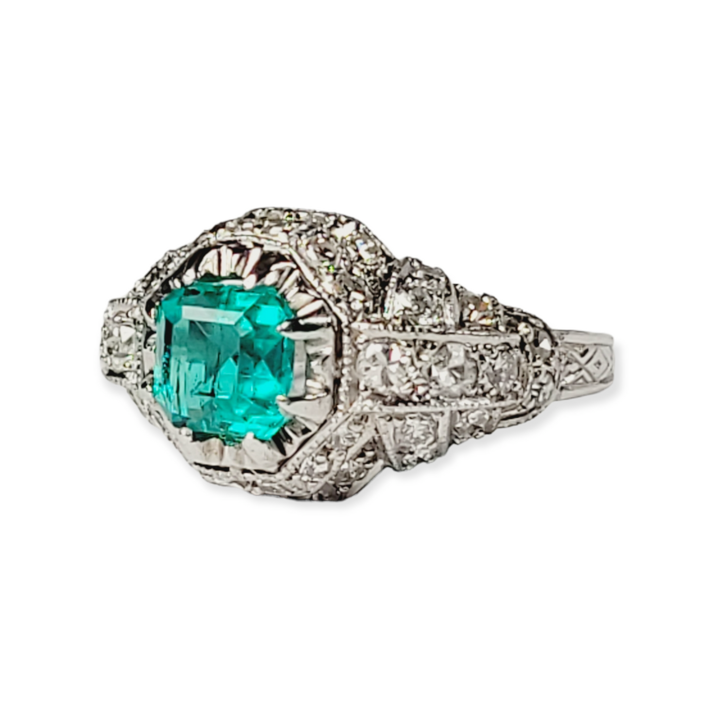 Art deco Colombian emerald and diamond ring sku 5725