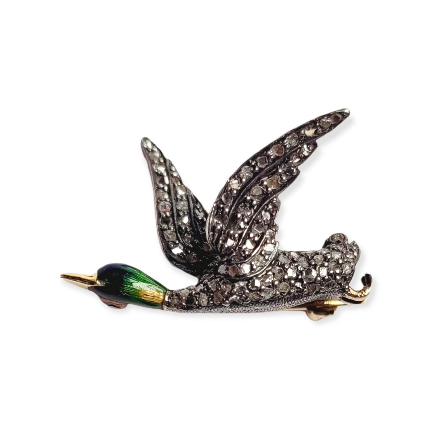 Antique enamel and diamond duck brooch