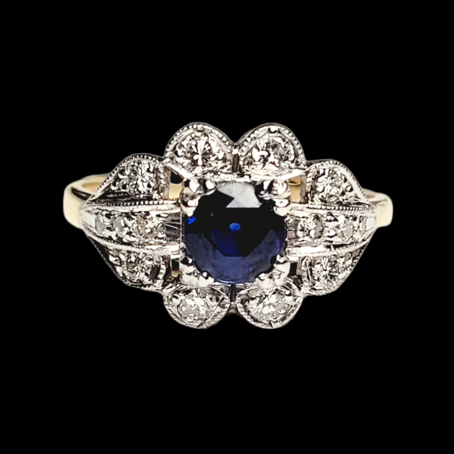 Geometric sapphire and diamond engagement ring 18ct yellow gold