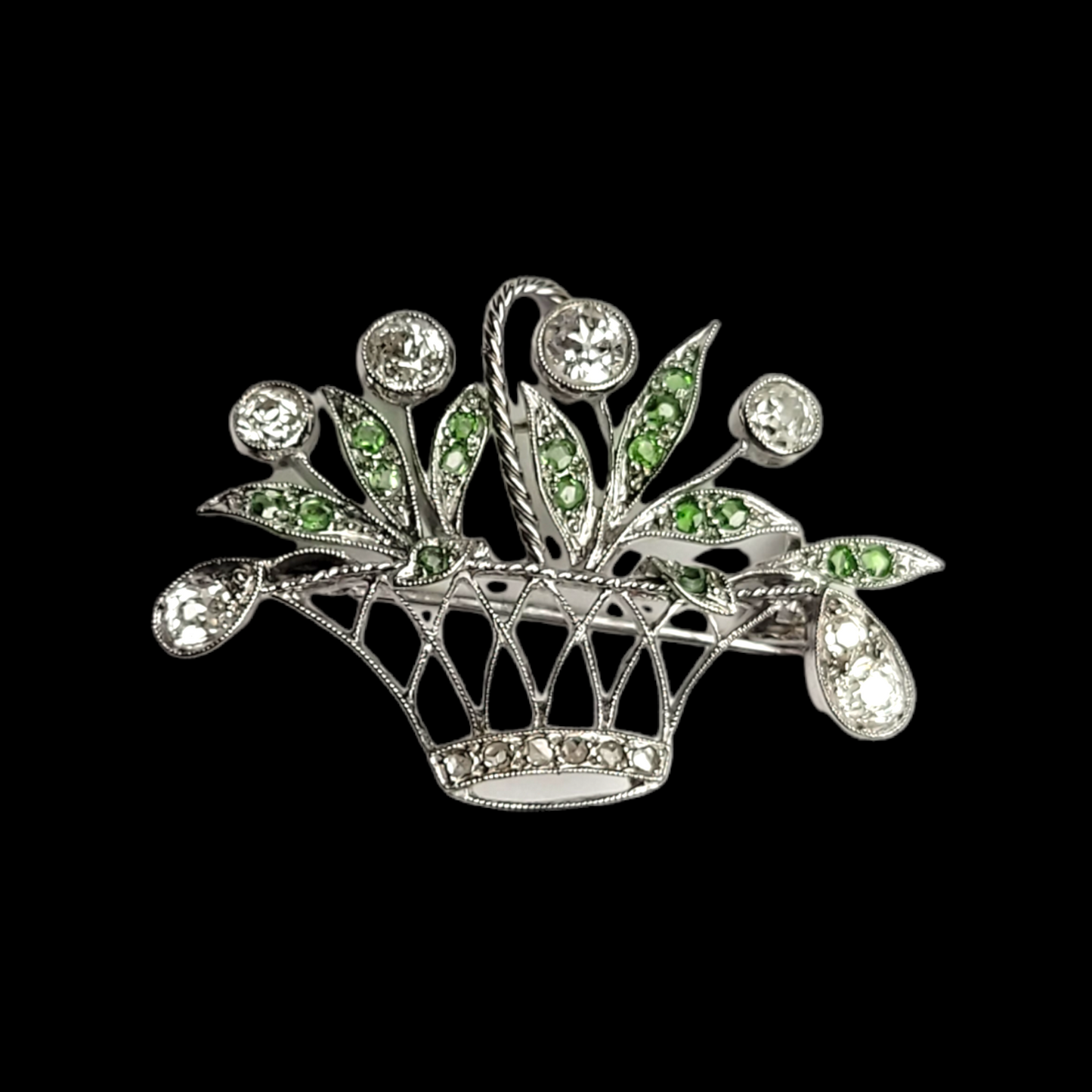 Antique diamond and green demantoid garnet giardinaire brooch