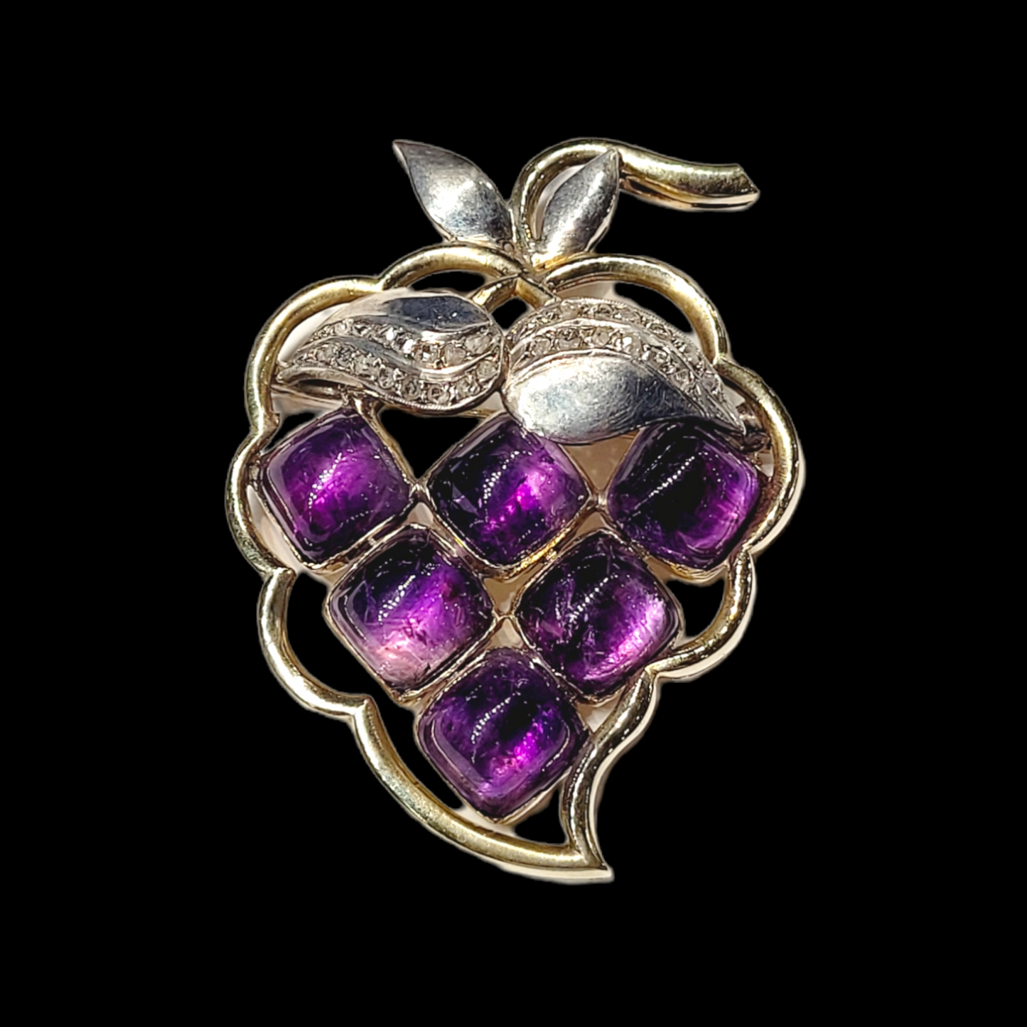 Stylised Square cabochon amethyst grapes with diamond set leaves