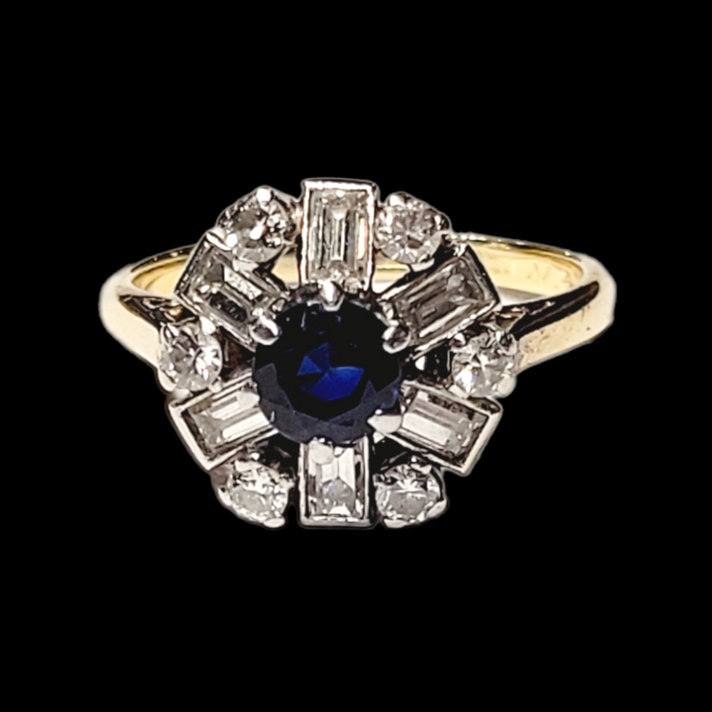 Sapphire, diamond and baguette diamond engagement ring