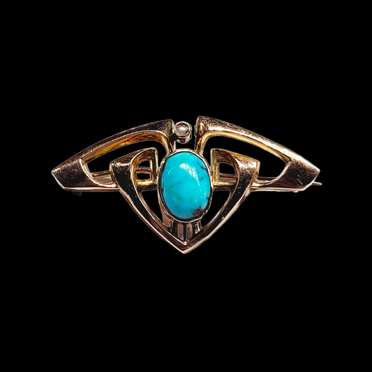 Art nouveau turquoise gold brooch