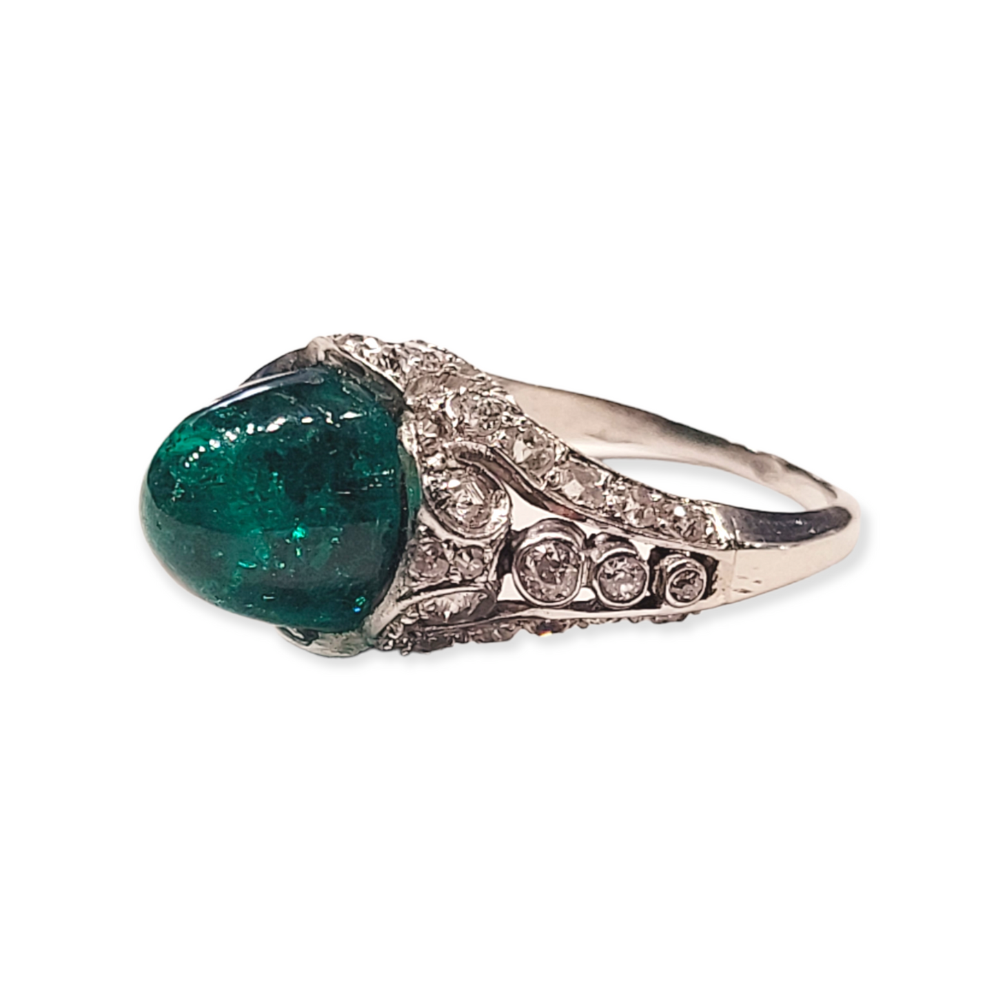 Belle epoque cabochon Colombian emerald and diamond ring