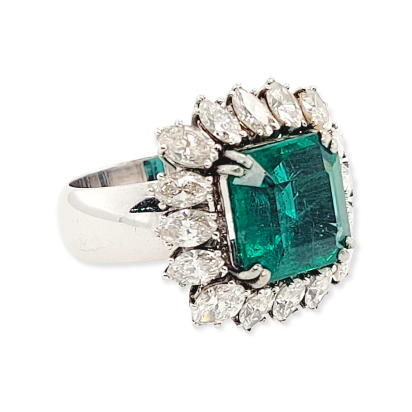 4.44ct emerald and marquise diamond cluster ring Sku 5989