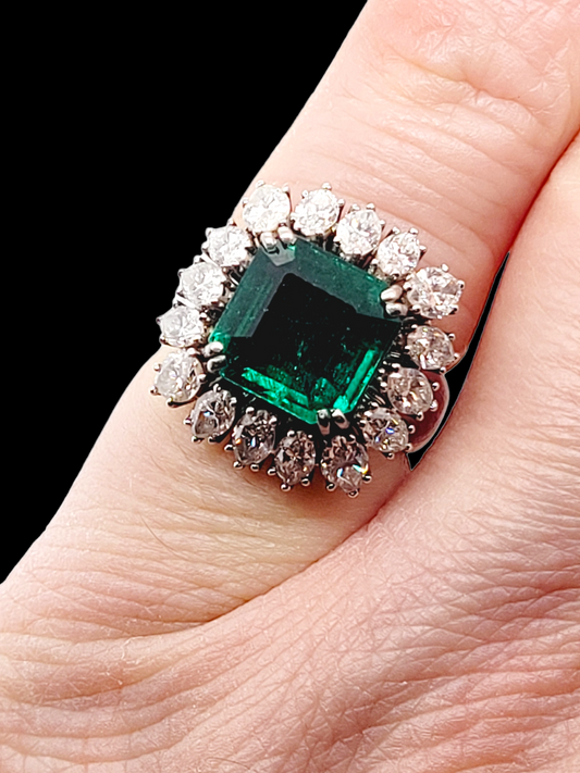 4.44ct emerald and marquise diamond cluster ring Sku 5989
