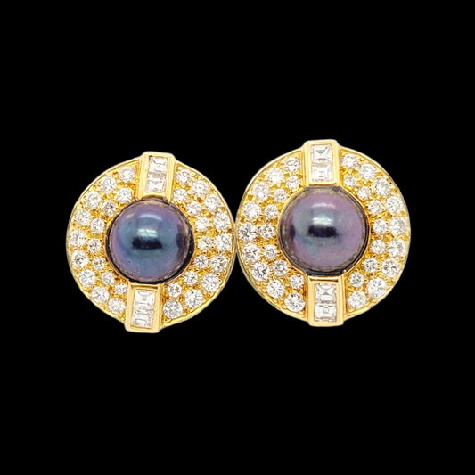 Black pearl and diamond cluster earrings sku 6074