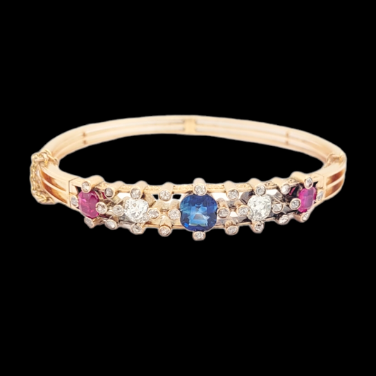Gemset antique diamond ruby and sapphire bangle sku 6139