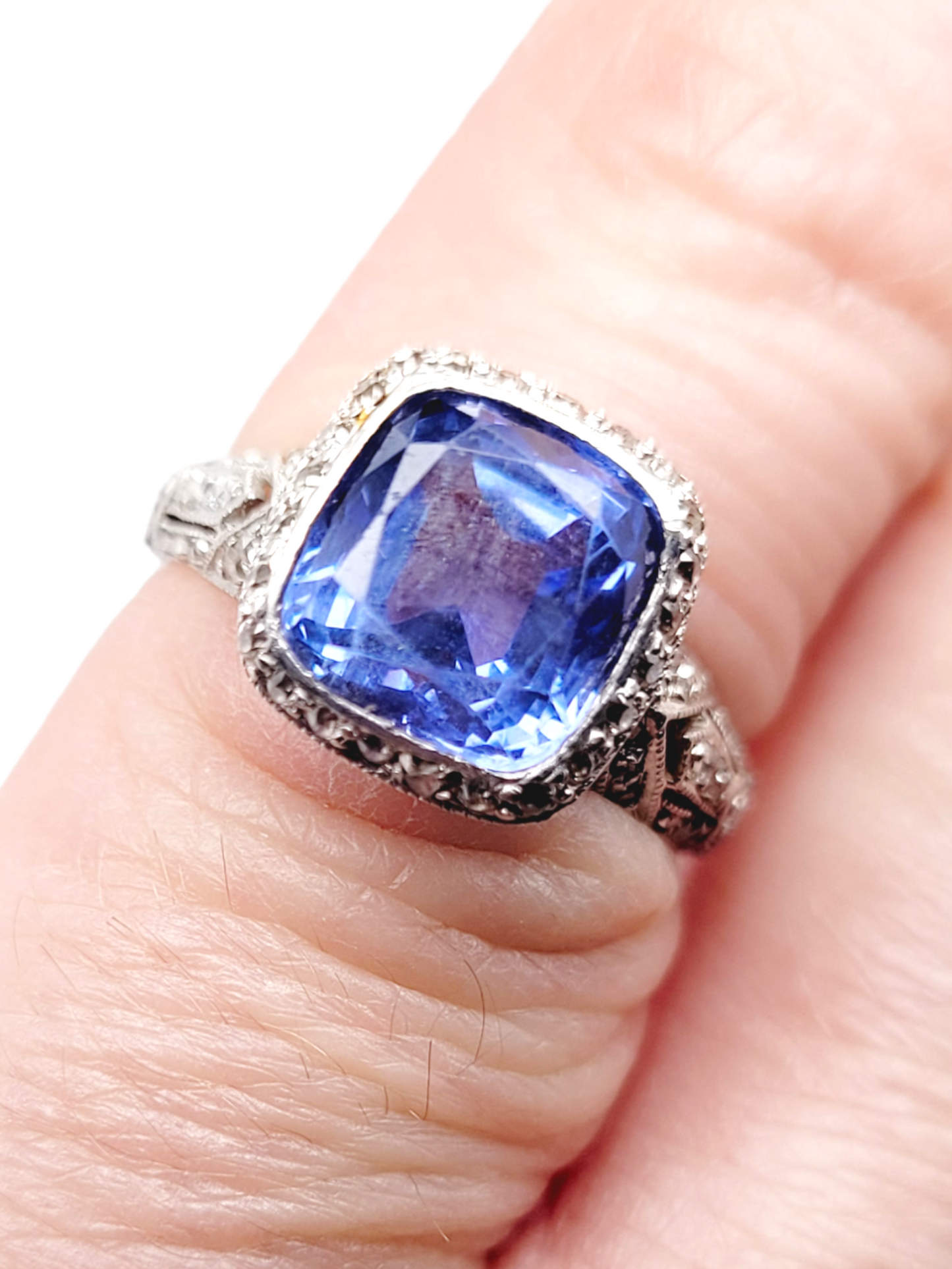 Gem Cornflower Ceylon sapphire and diamond antique engagement ring
SKU: 7096