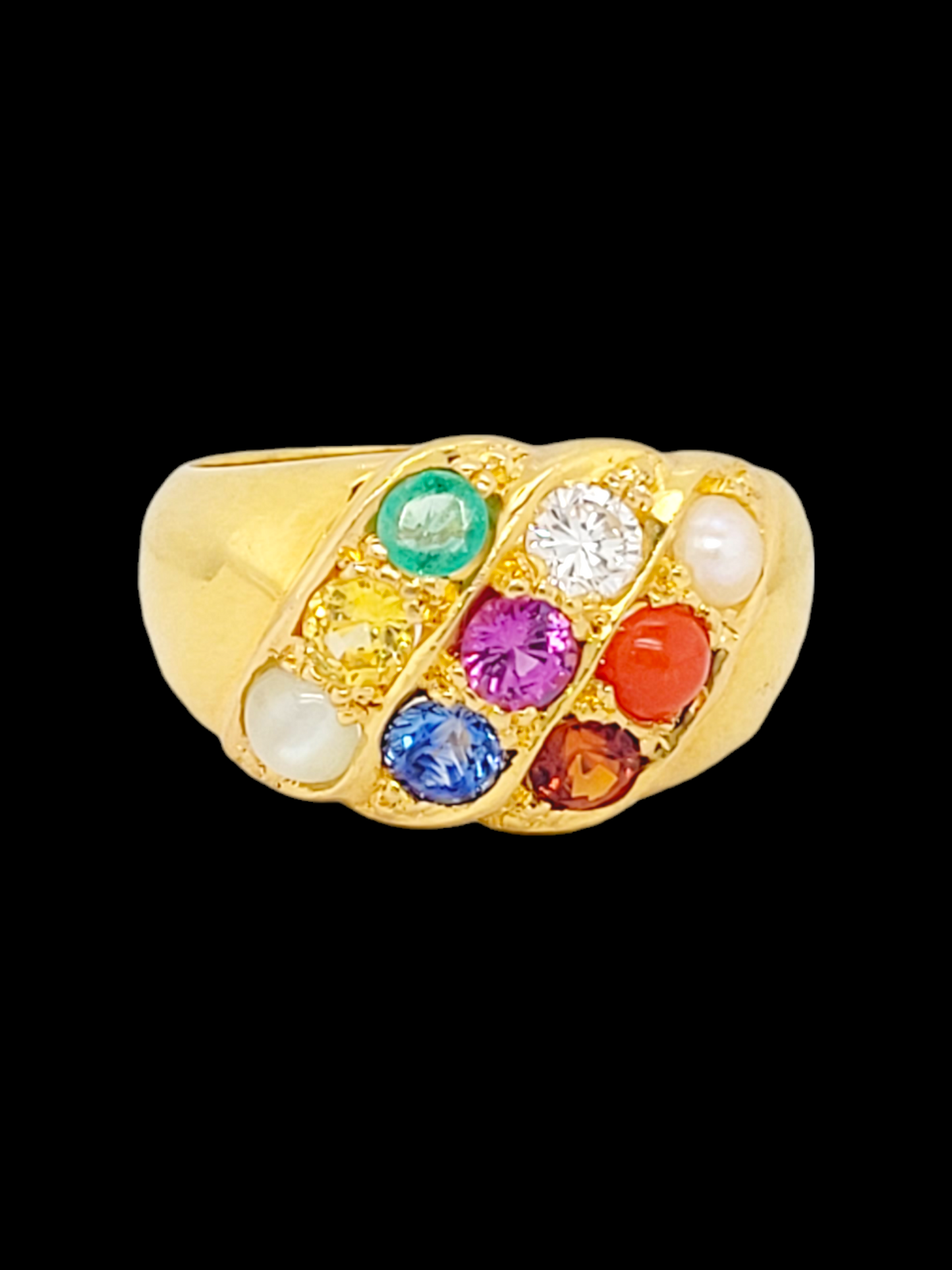 Vintage 21ct gold harlequin muti gem Planetary ring
SKU: 7267