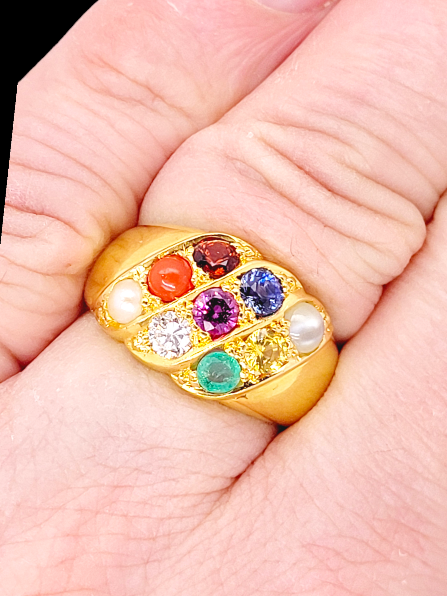 Vintage 21ct gold harlequin muti gem Planetary ring
SKU: 7267