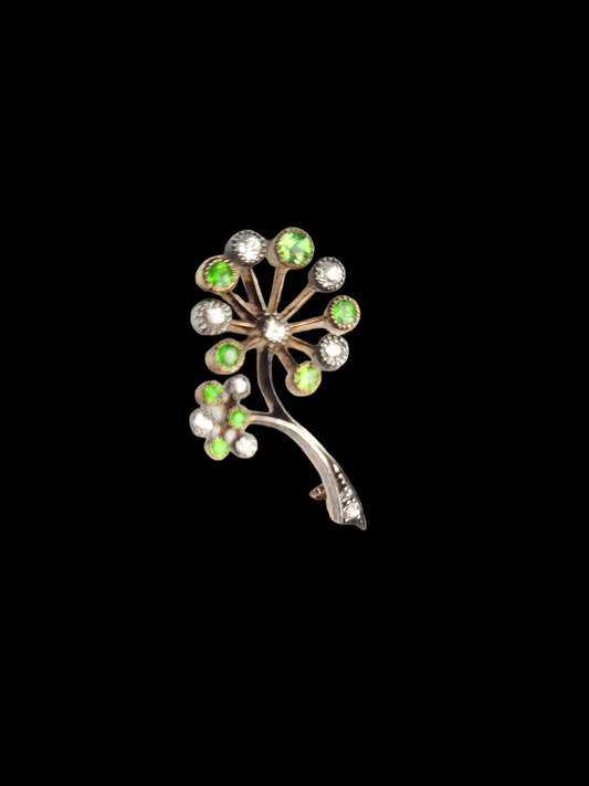Petite and punchy demantoid garnet and diamond flower brooch
SKU: 7389