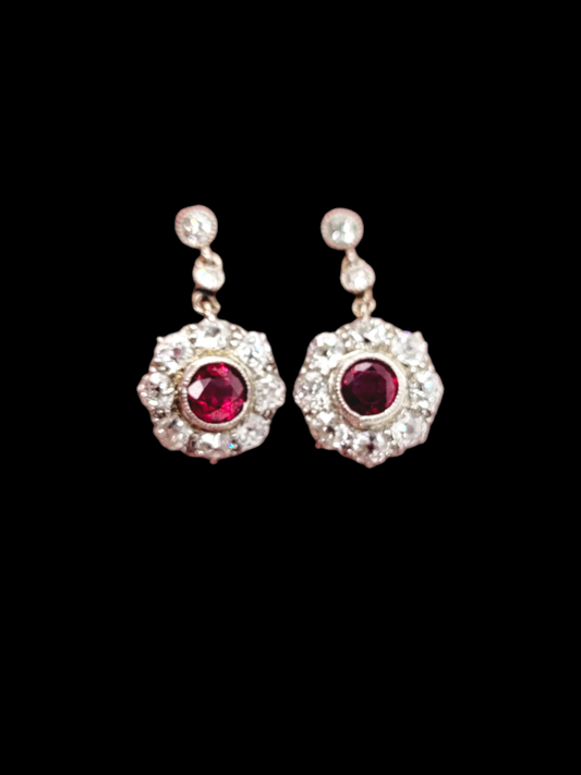 Pair of antique ruby and old mine cut diamond cluster drop earrings
SKU: 7559