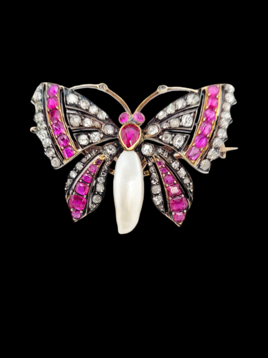 Fine Antique Ruby, diamond and natural pearl butterfly brooch
SKU: 7600