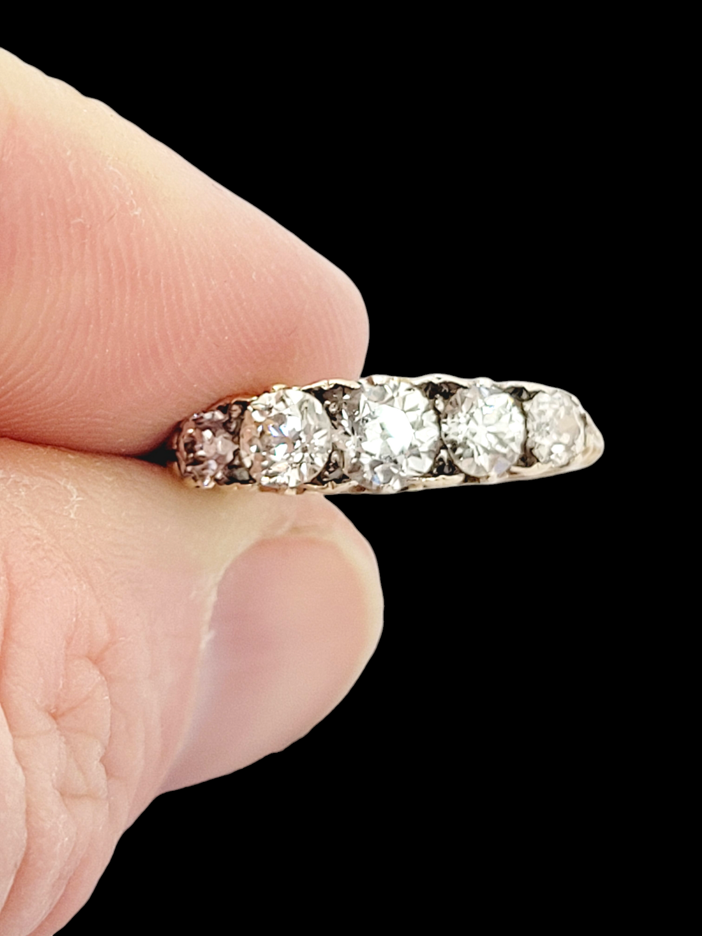 Antique diamond five stone carved half hoop ring
SKU: 7934