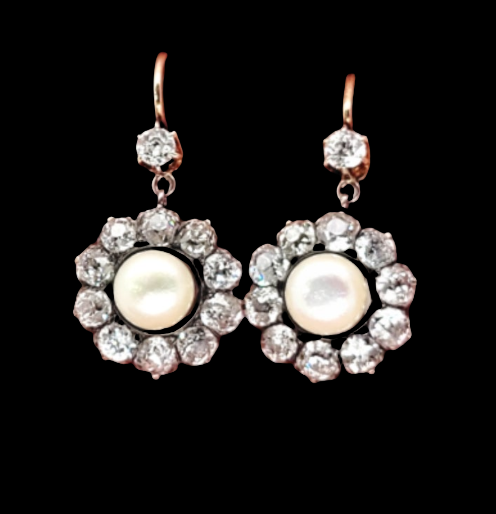 Antique natural pearl and old mine cut diamond drop earrings
SKU: 7932