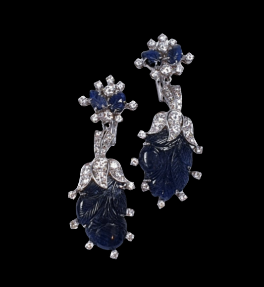 Vintage tutti fruitti carved sapphire and diamond drop earrings
SKU: 4582