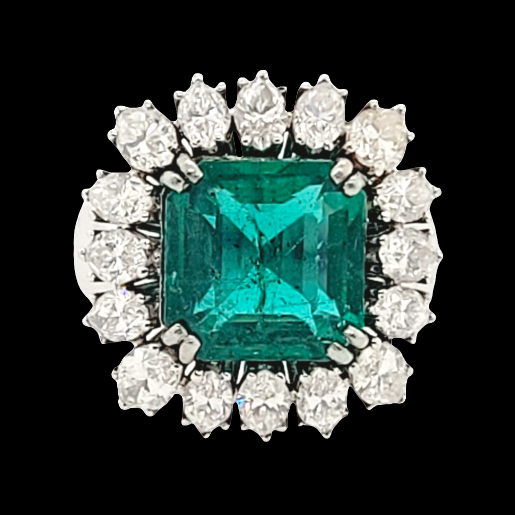 4.44ct emerald and marquise diamond cluster ring Sku 5989
