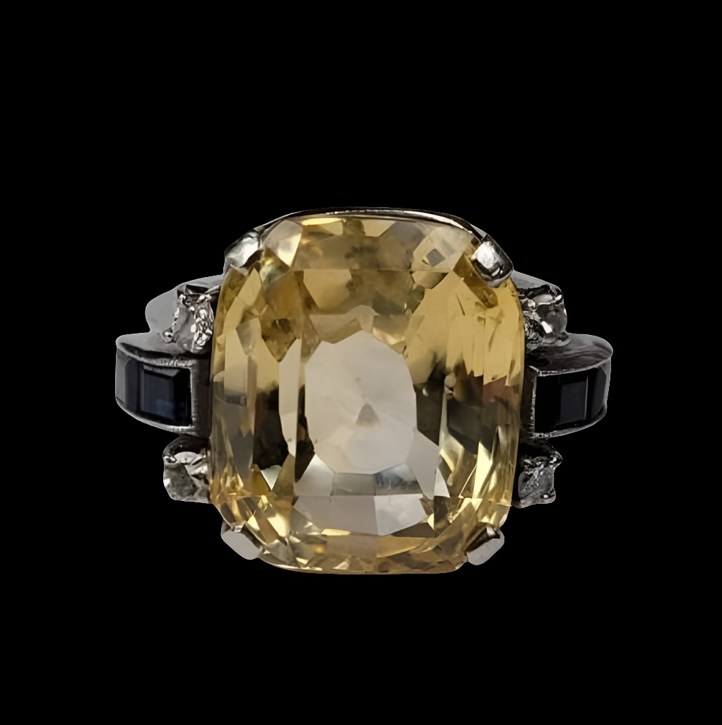 Art deco natural yellow sapphire, diamond and sapphire ring
SKU: 5397