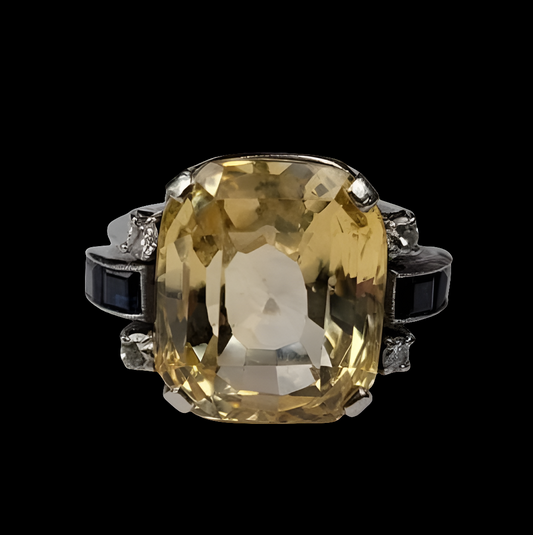 Art deco natural yellow sapphire, diamond and sapphire ring
SKU: 5397