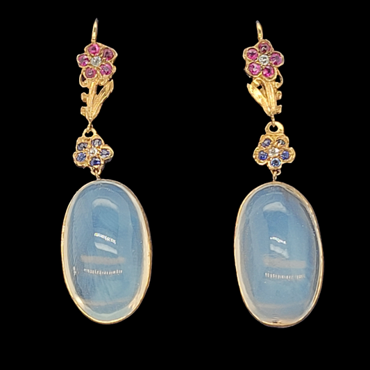 Antique moonstone, sapphire, ruby and diamond earrings sku 6182