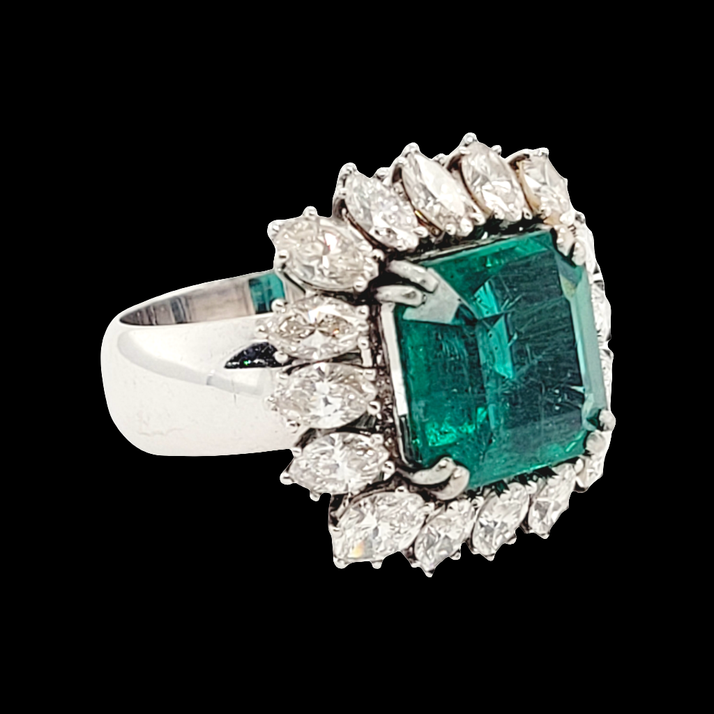 4.44ct emerald and marquise diamond cluster ring Sku 5989