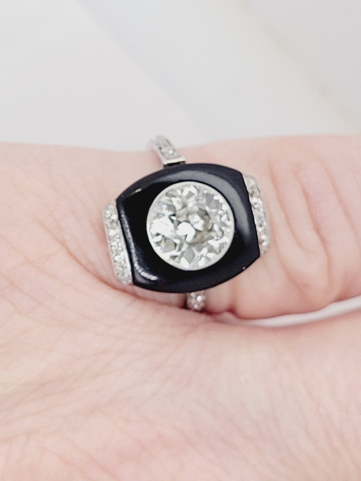 Art deco onyx and 1.90ct transitional cut diamond ring sku 8796