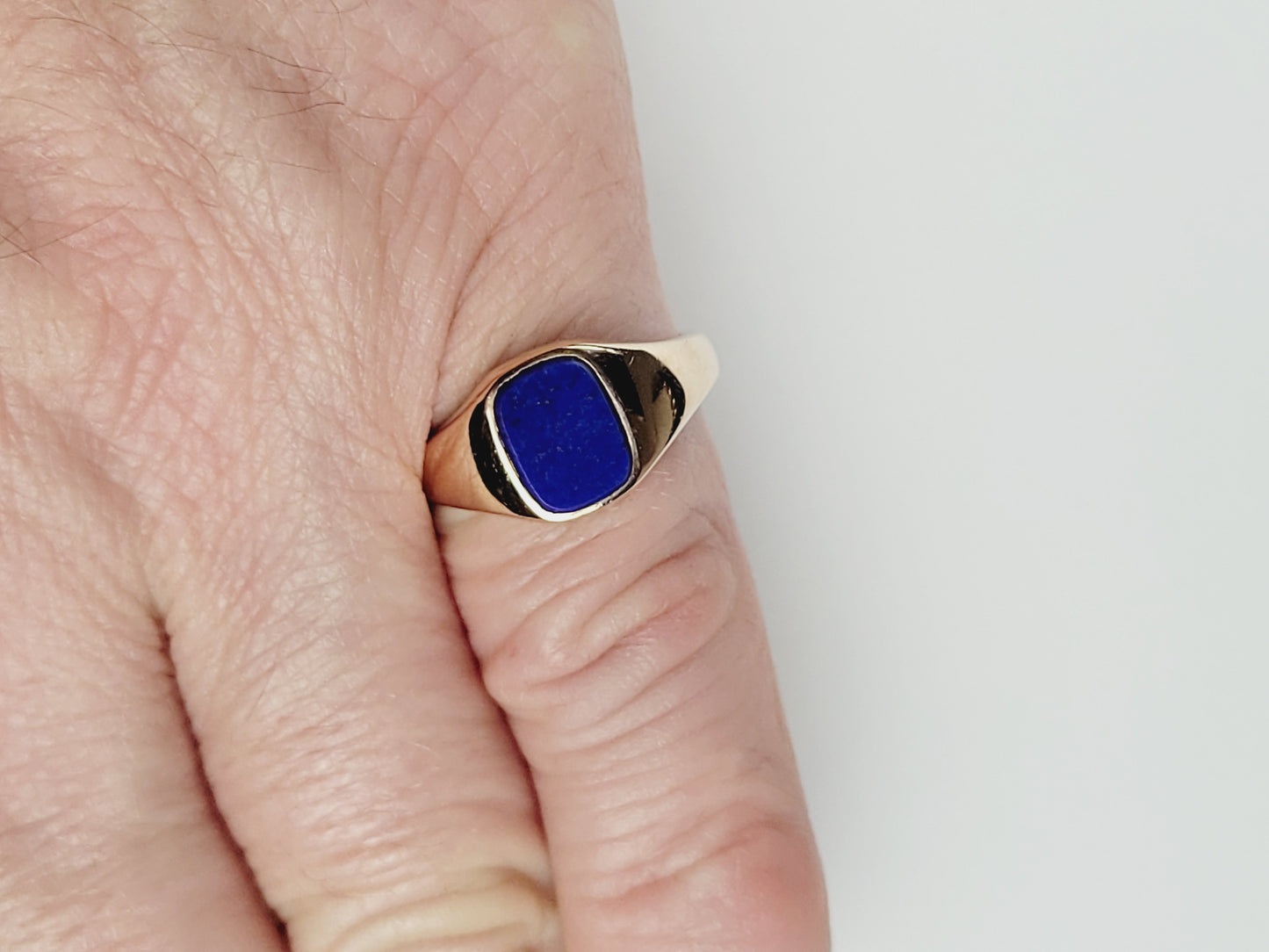 Small cushion shaped bright blue lapis lazuli 9ct gold signet ring sku 8451