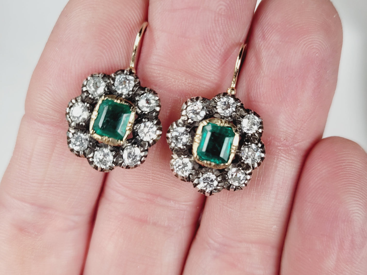 Antique emerald and diamond cluster drop earrings sku 8858
