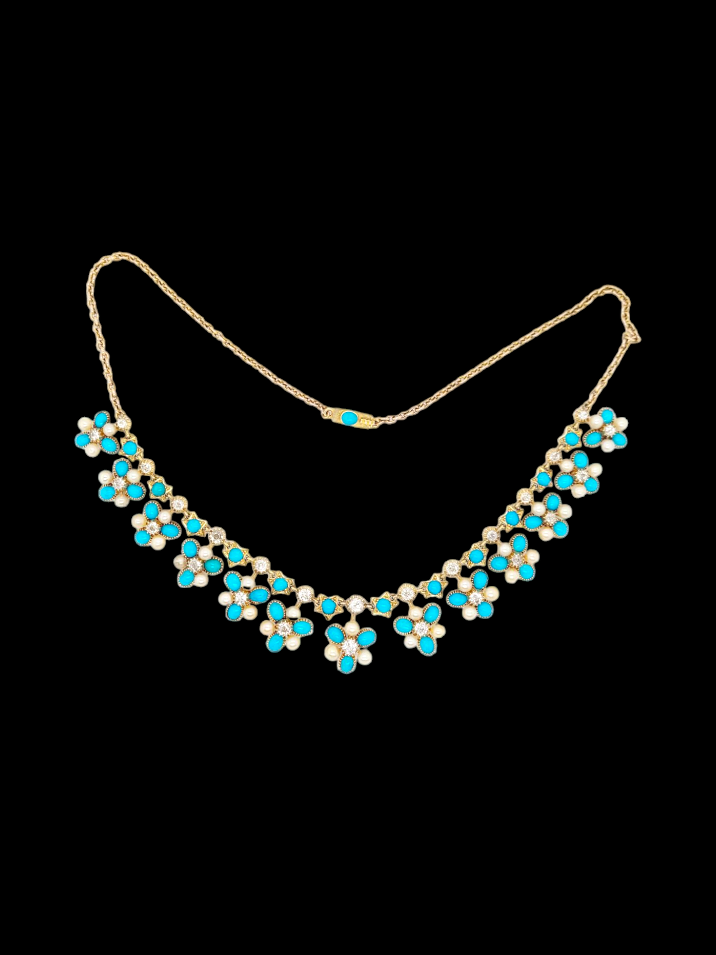 Antique turquoise old mine cut diamonds and natural pearl necklace
SKU: 7995