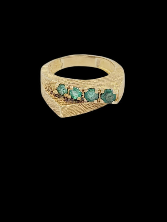 1970s, cool emerald and textured 18ct yellow gold ring sku 8511
