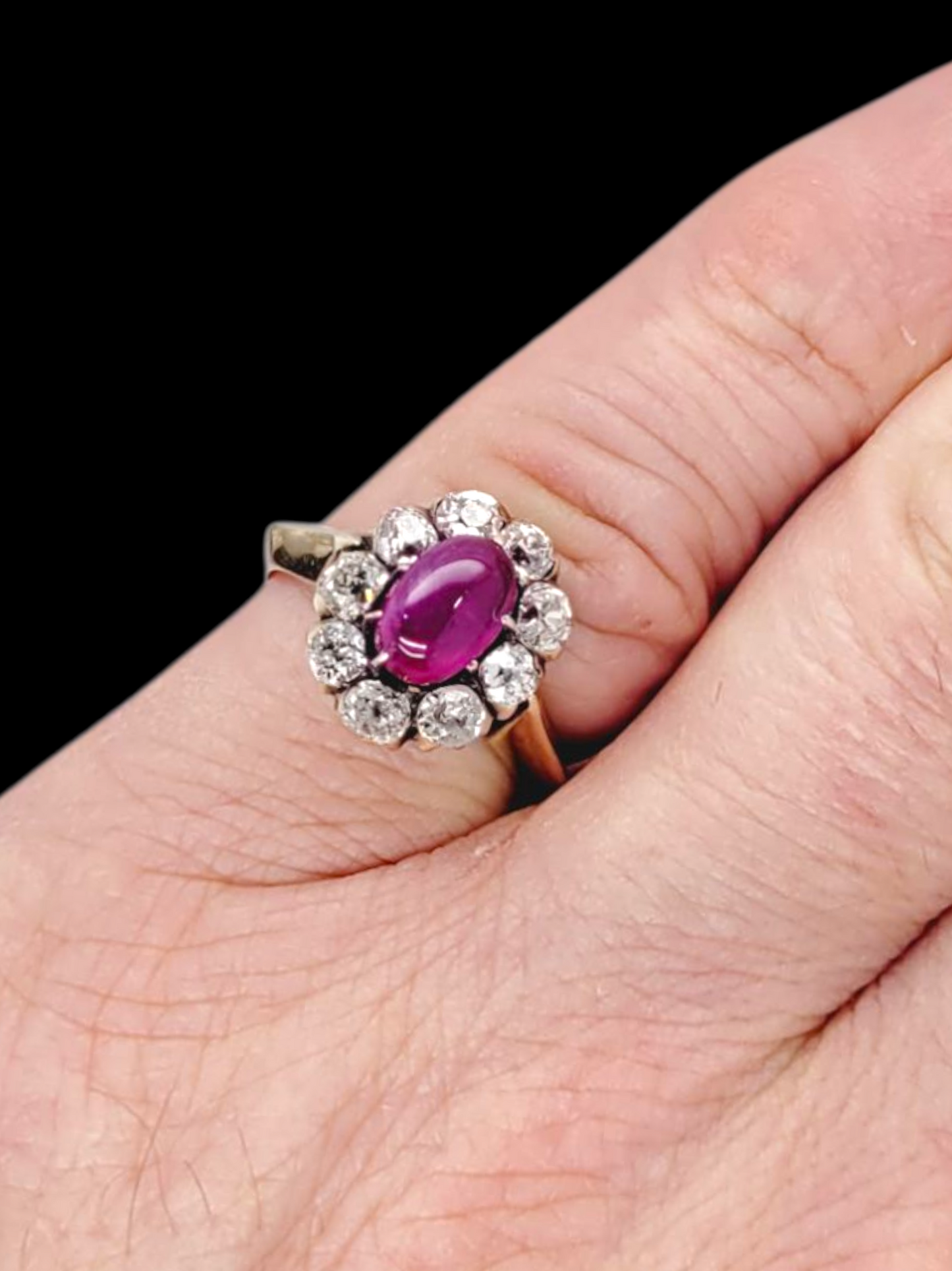 Gem cabochon ruby and antique diamond cluster ring
SKU: 8140