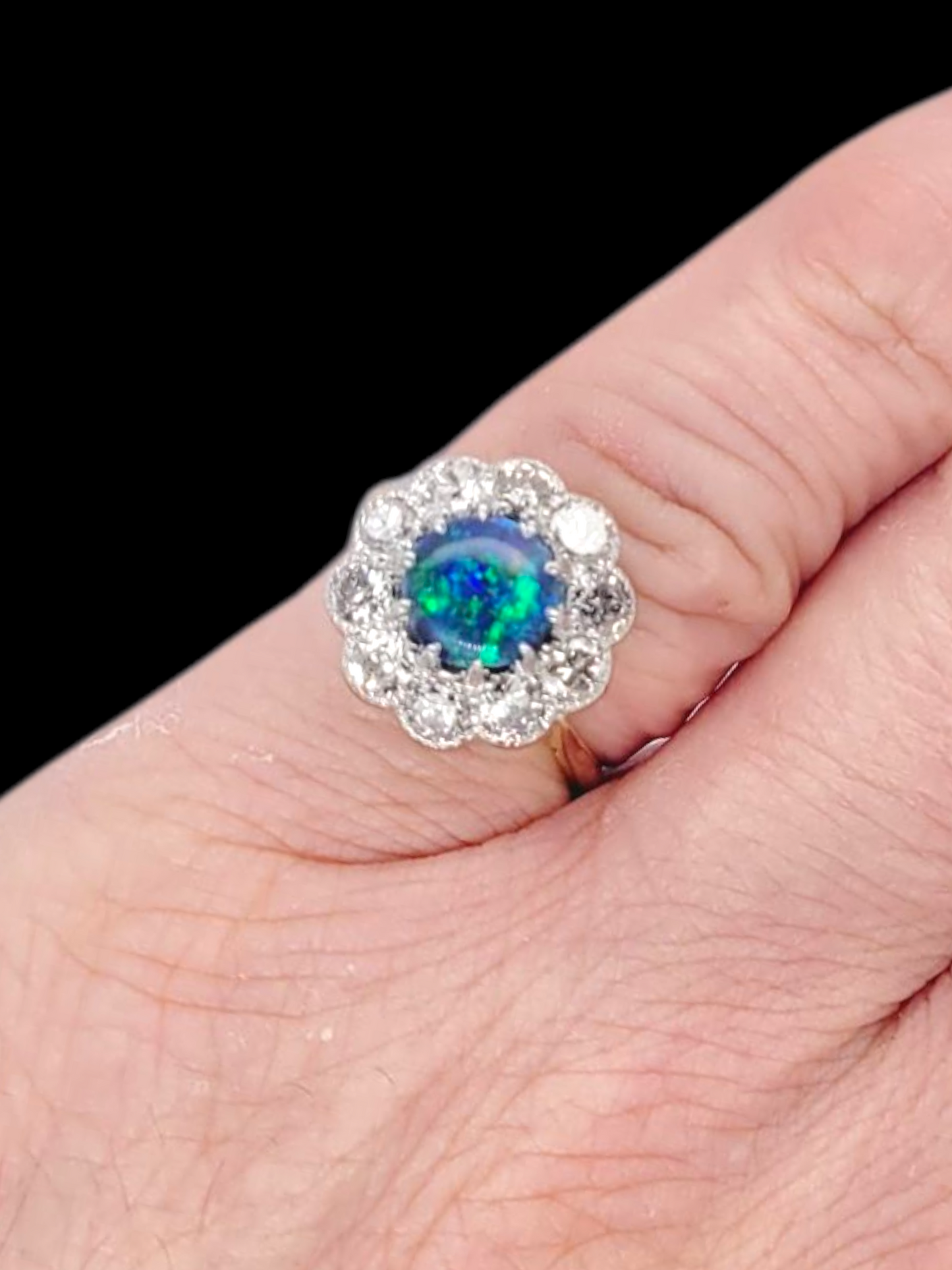 Antique black opal and old cut diamond cluster ring
SKU: 8262