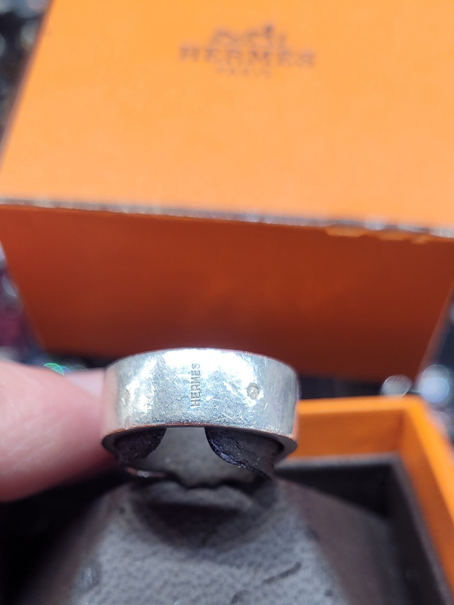 Vintage Hermes boxed silver buckle ring Sku 8919