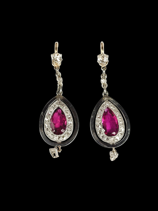 Antique ruby and diamond pear drop earrings sku 8503
