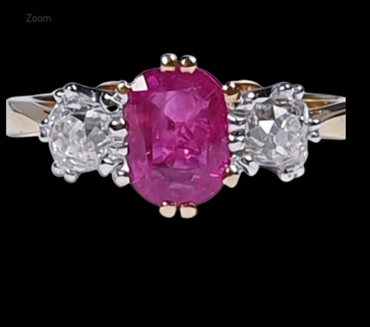 Burmese Ruby and Old Mine Cut Diamond Three Stone Ring
SKU: 1213