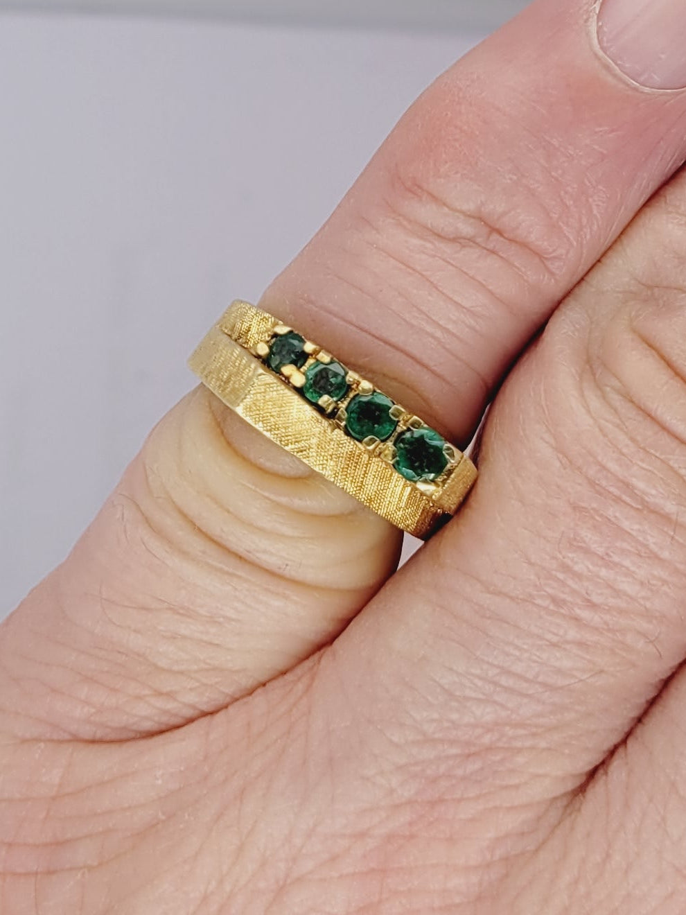 1970s, cool emerald and textured 18ct yellow gold ring sku 8511