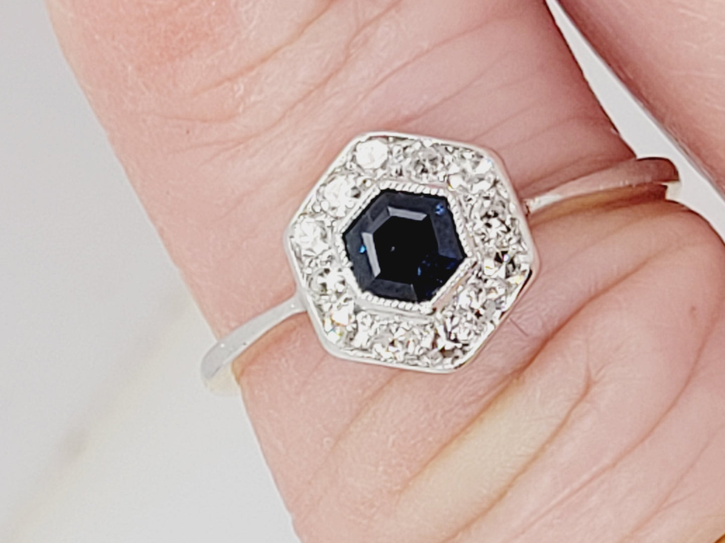 Petite 1920's hexagonal sapphire and diamond cluster ring sku 8822