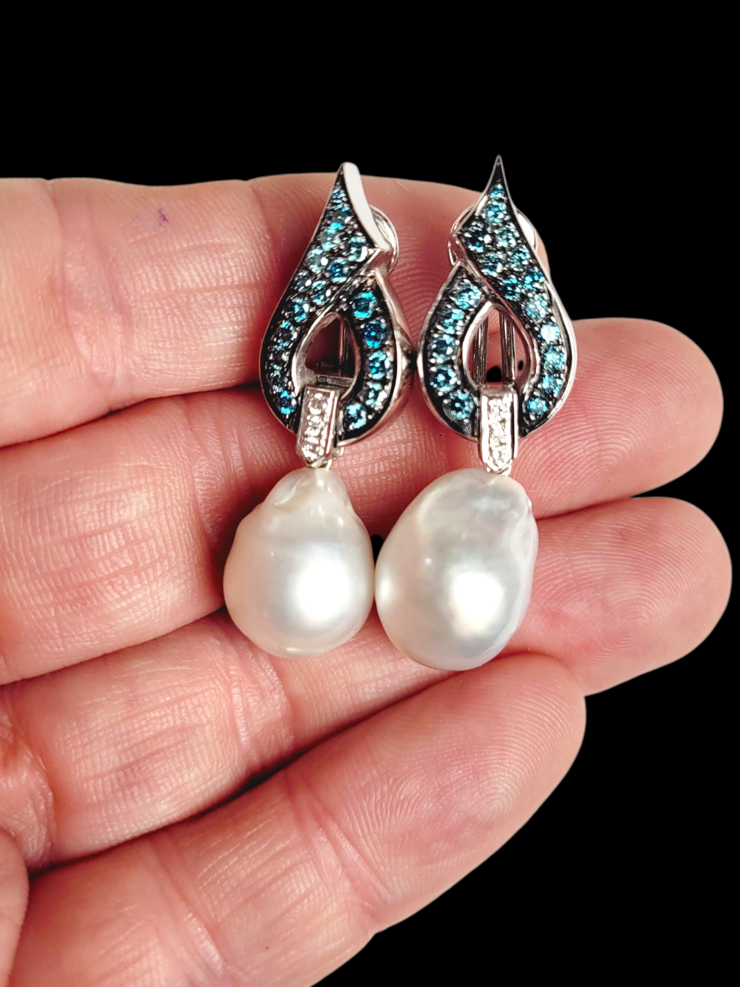 Pearl and blue diamond vintage dress earrings sku 8499