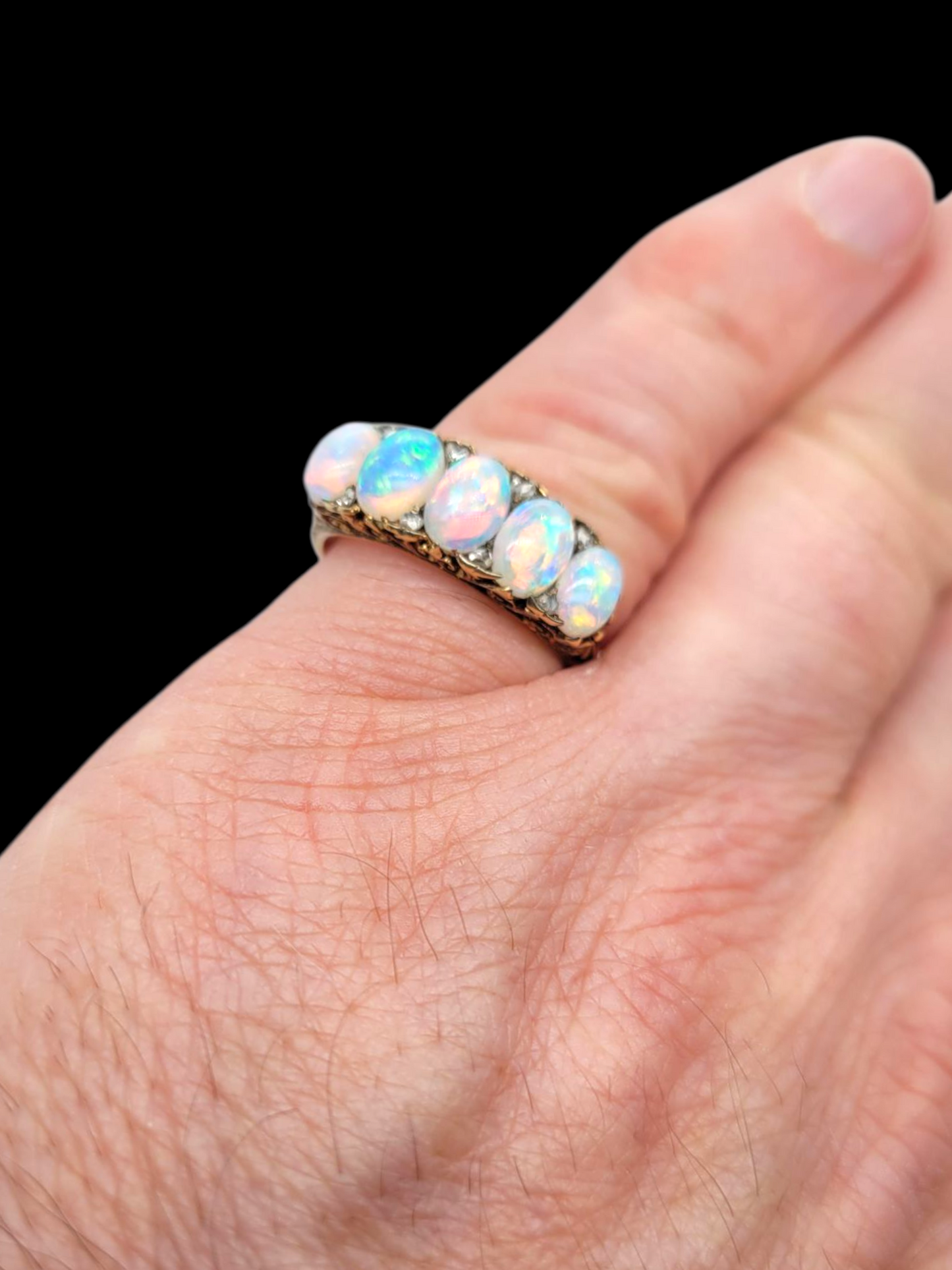 Antique five stone opal and diamond carved half hoop ring
SKU: 8141