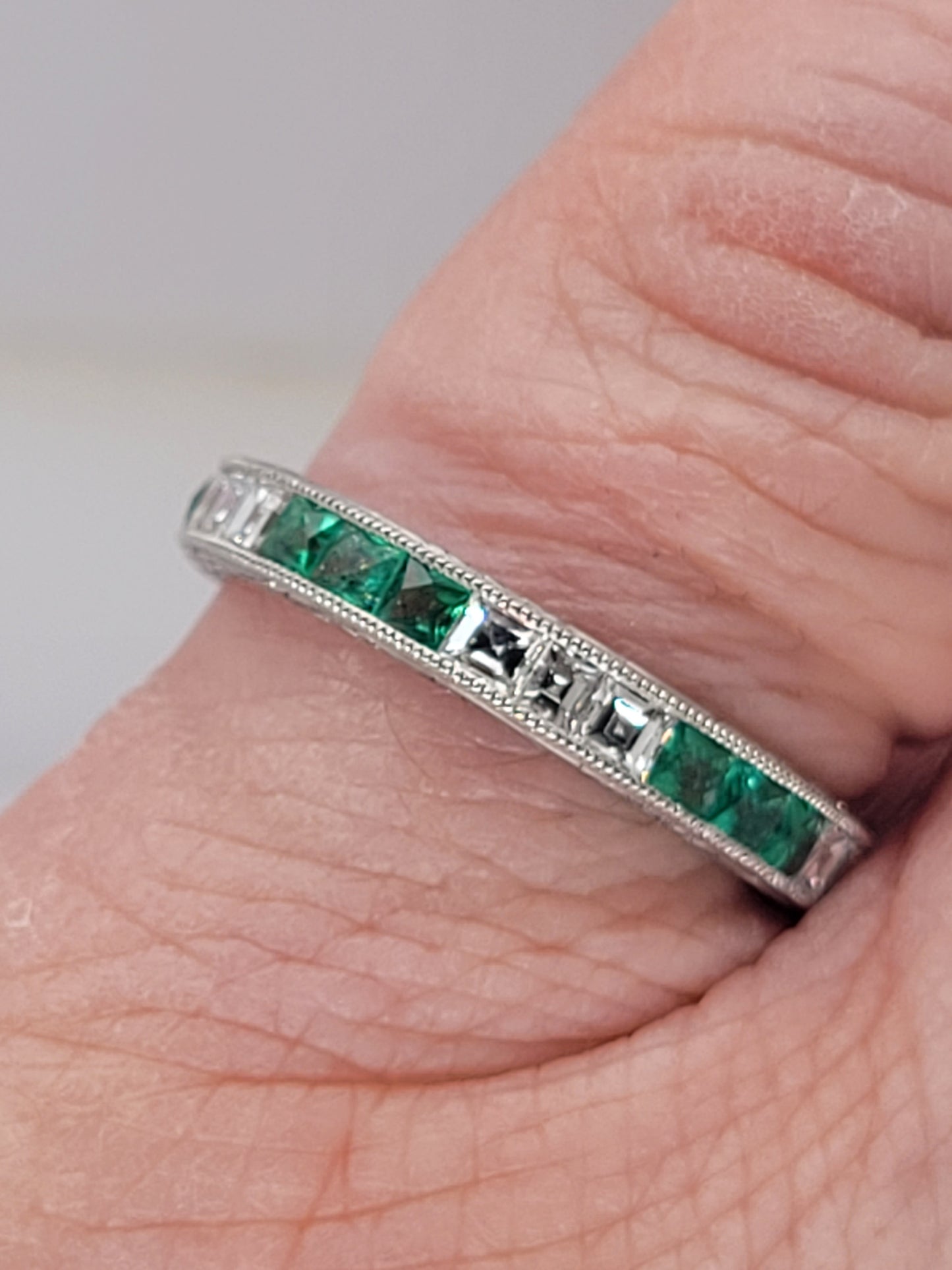 Emerald and diamond full hoop eternity band sku 8746