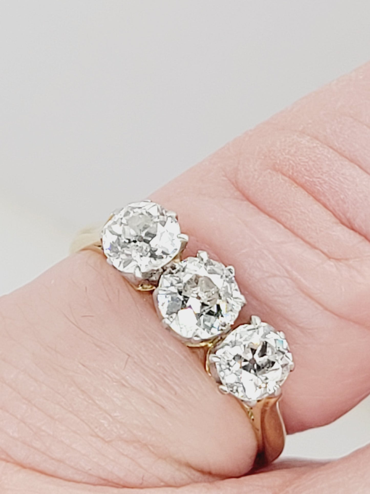 Charming old mine cut diamond trilogy ring sku 8814