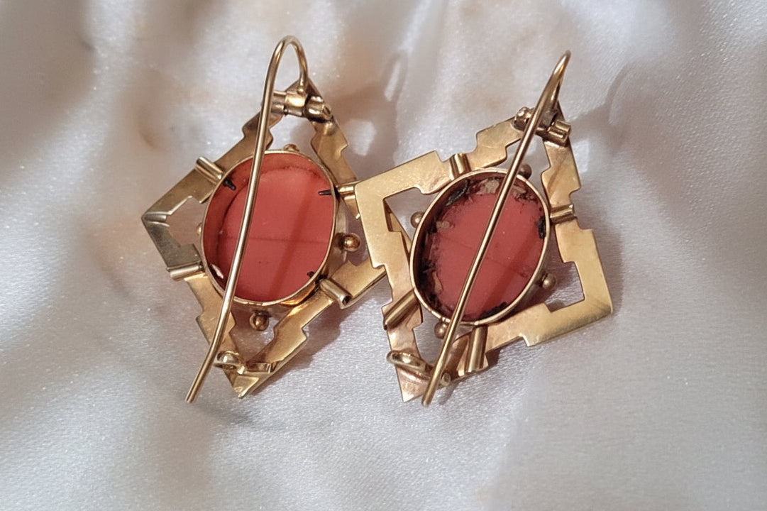 Antique faceted coral gold quatrafoil earrings sku 8681