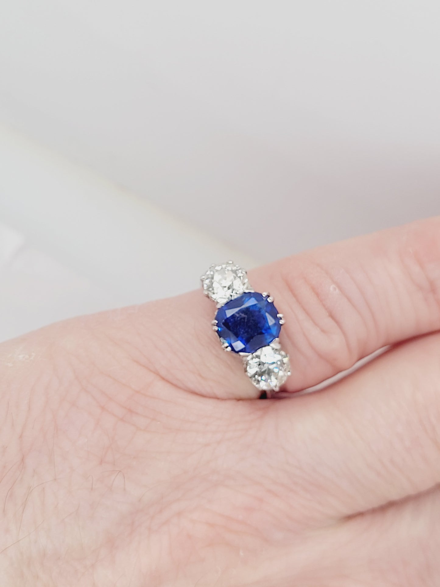 3.57ct Natural Burmese sapphire and diamond trilogy engagement ring sku 8738