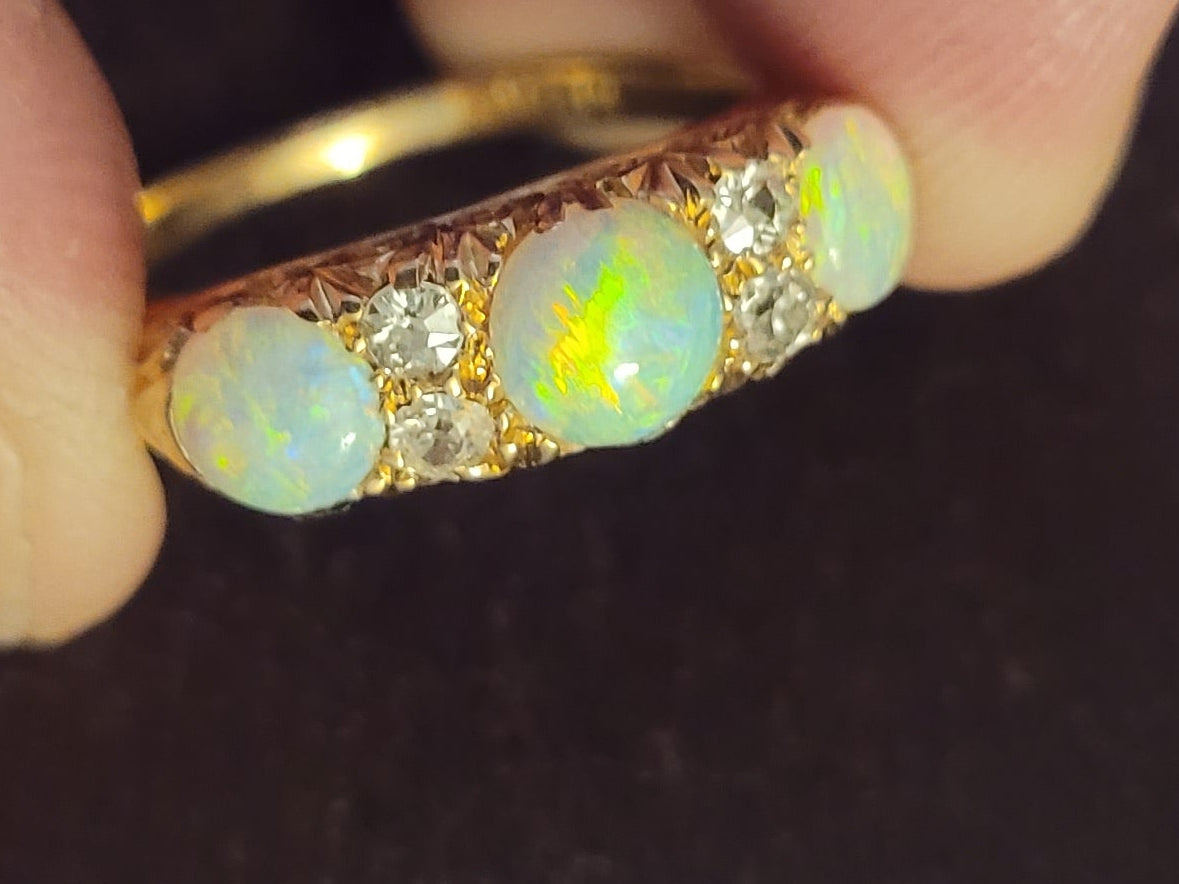 Antique opal and diamond carved half hoop ring sku 9109