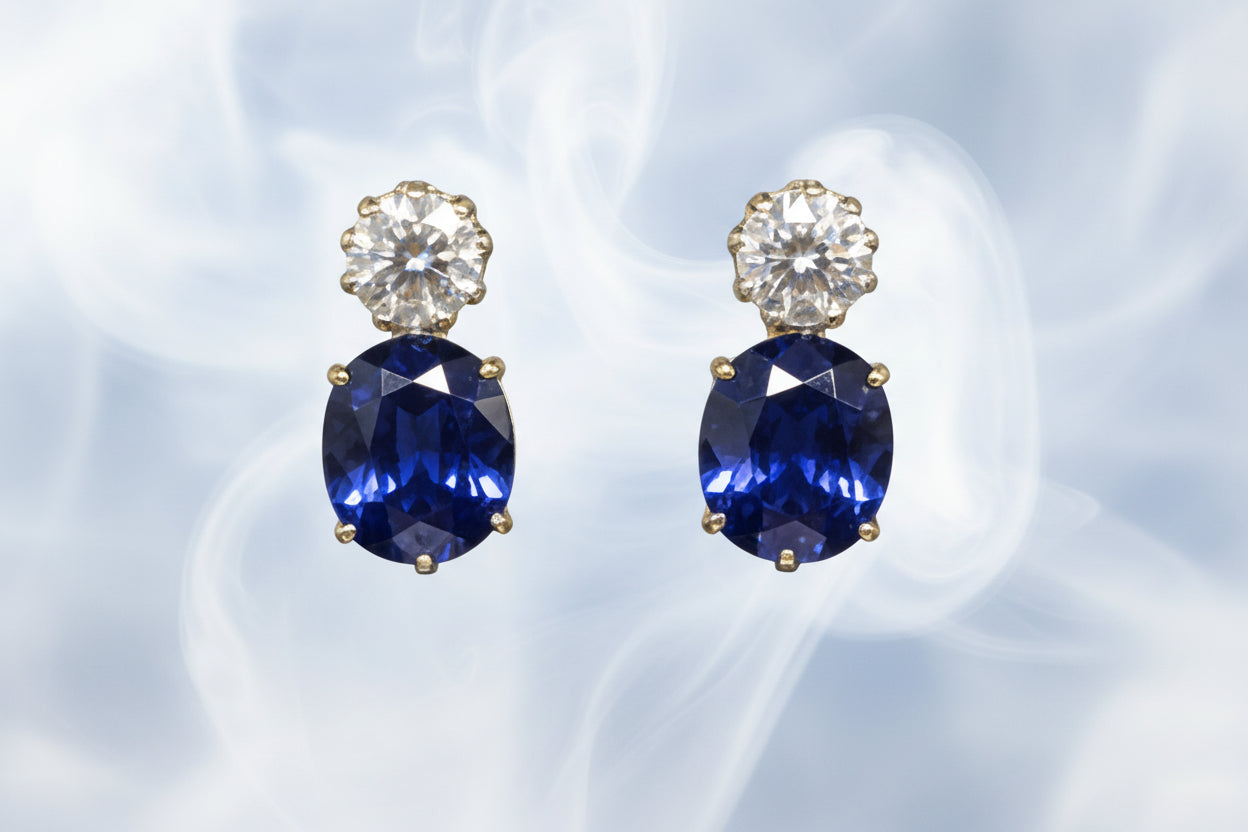 Antique natural sapphire and diamond drop earrings sku 8670