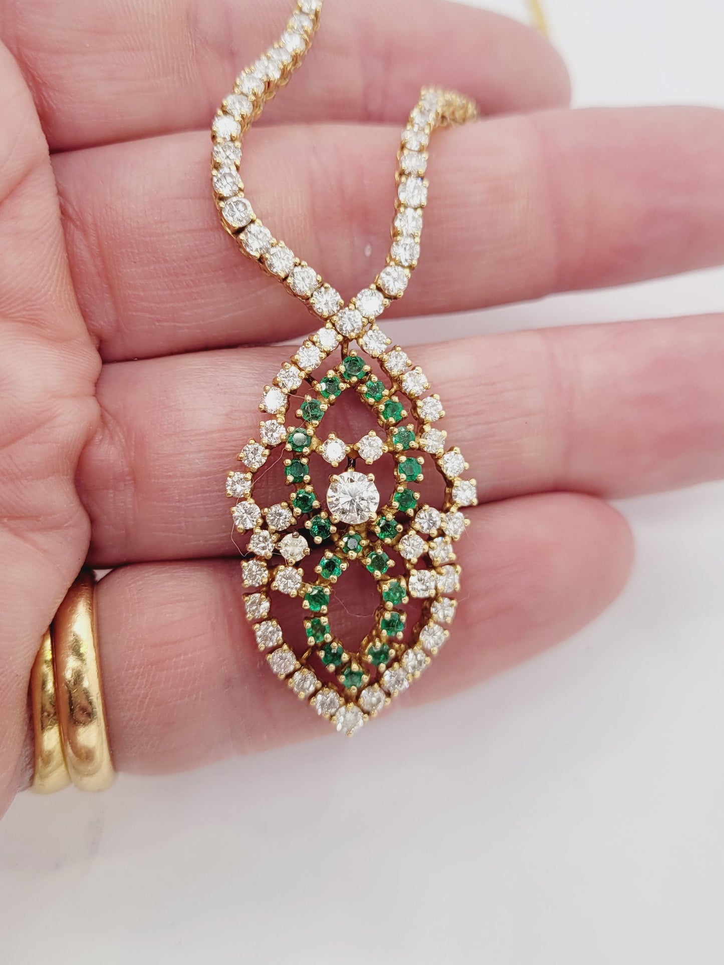 Vintage emerald and diamond pendant necklace sku 8707