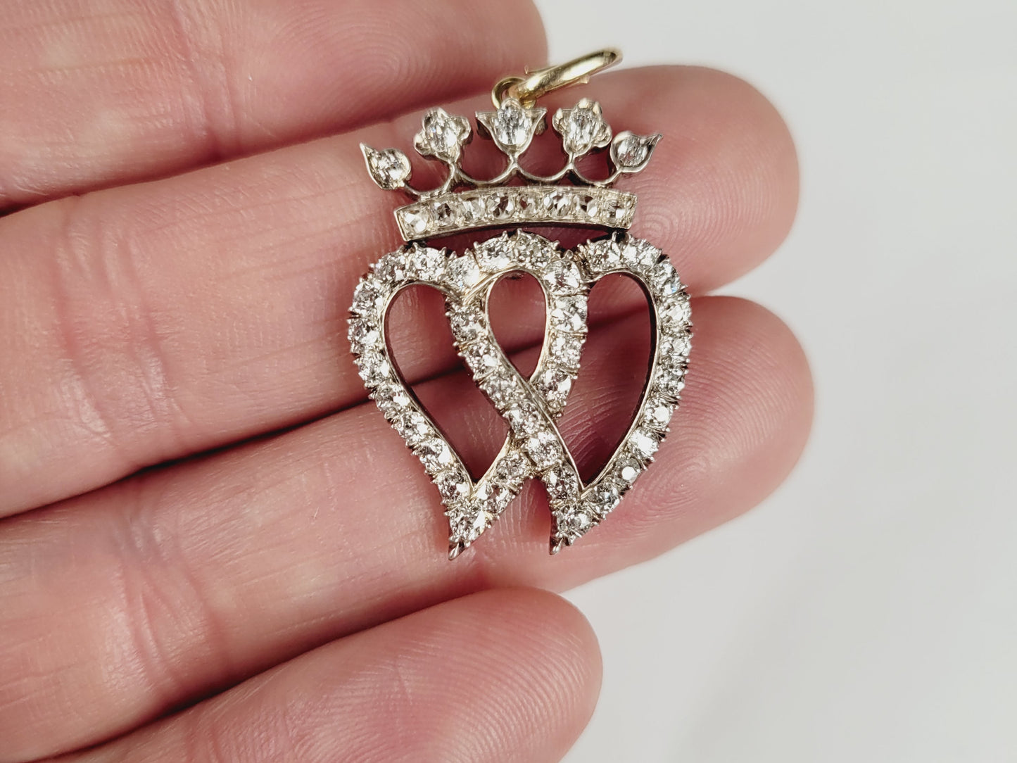 Victorian twin heart and crown old mine cut diamond pendant sku 8841